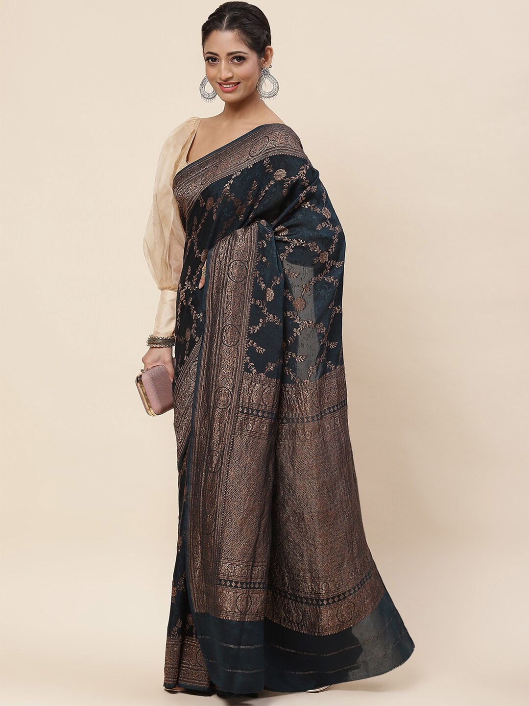 

Meena Bazaar Floral Woven Design Poly Crepe Zari Saree, Blue