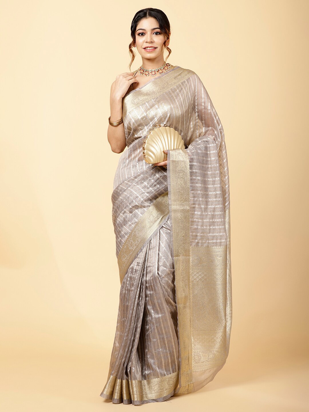 

Meena Bazaar Striped Woven Design Zari Organza Saree, Grey