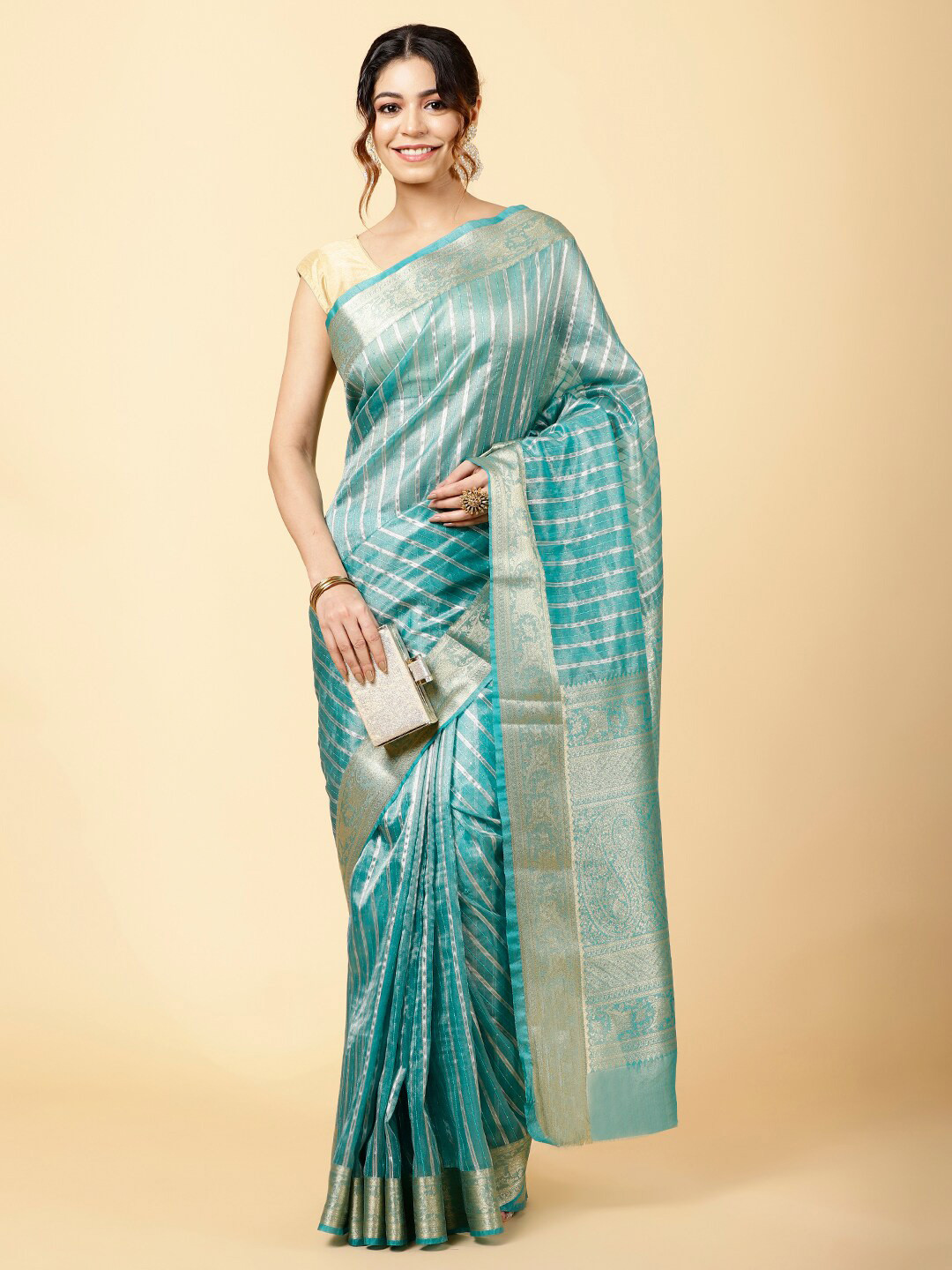 

Meena Bazaar Striped Woven Design Zari Organza Saree, Blue