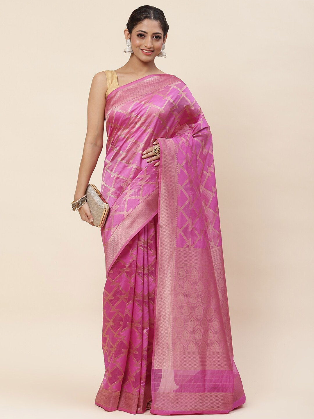 

Meena Bazaar Ethnic Motifs Woven Design Zari Organza Saree, Purple