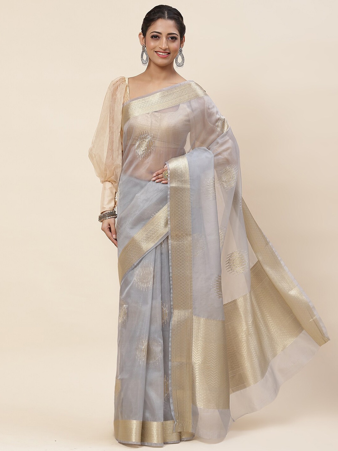 

Meena Bazaar Ethnic Motifs Woven Design Zari Organza Saree, Grey