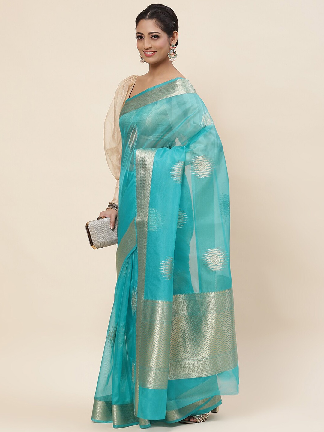 

Meena Bazaar Floral Woven Design Zari Organza Saree, Blue