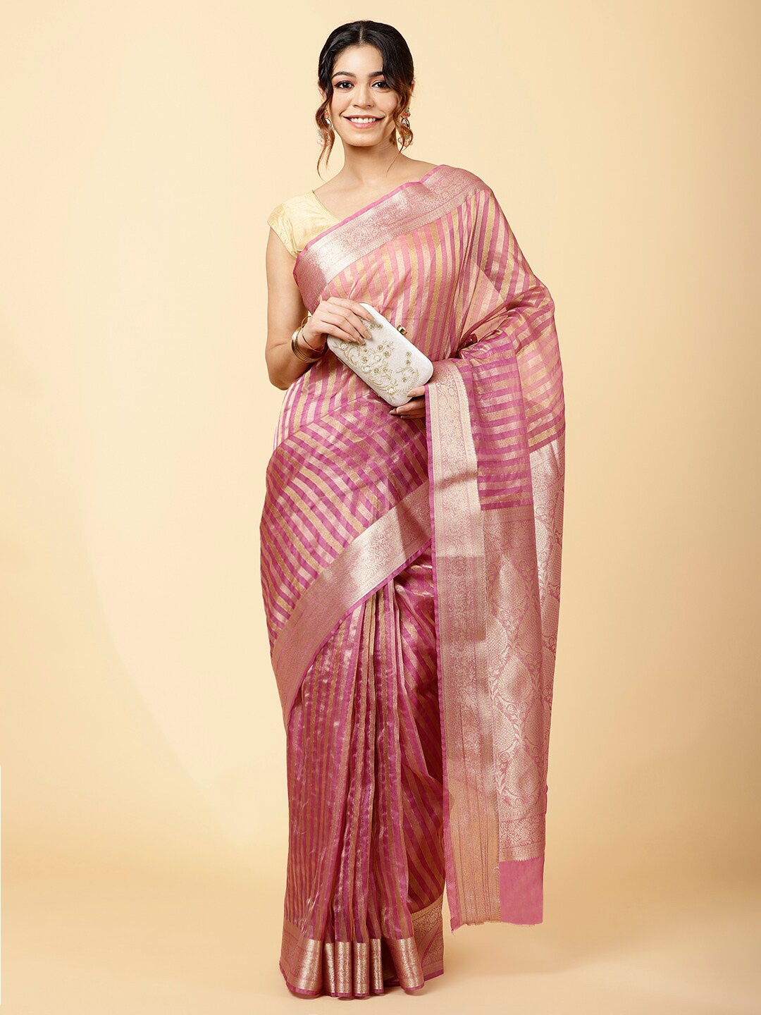 

Meena Bazaar Striped Woven Design Zari Organza Saree, Pink