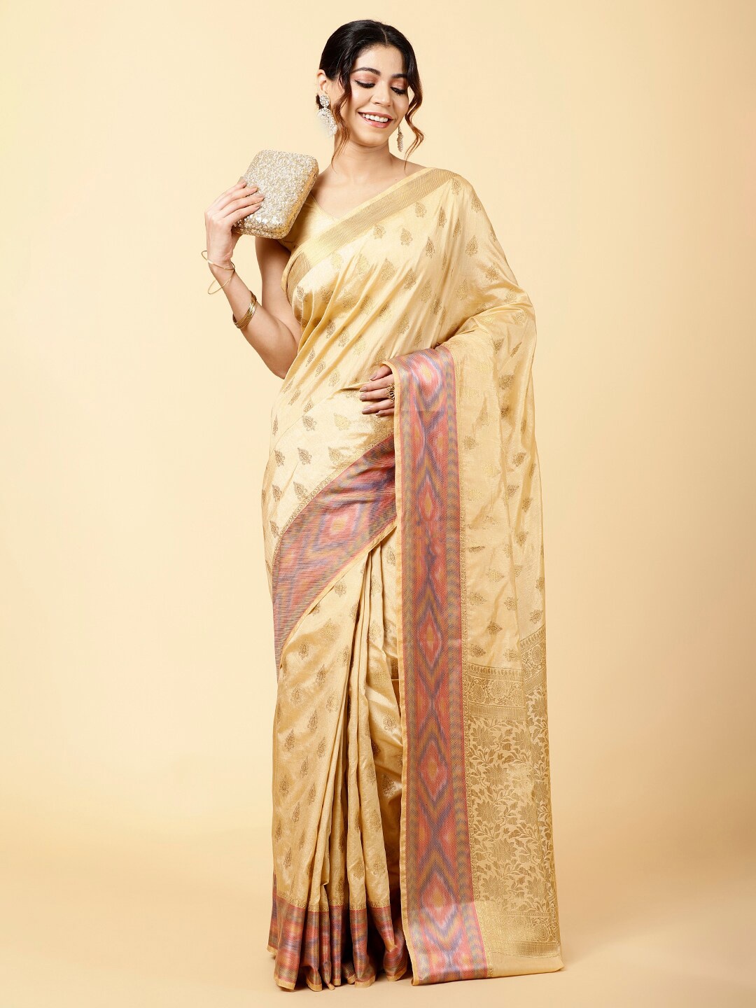 

Meena Bazaar Ethnic Motifs Woven Design Zari Art Silk Saree, Beige