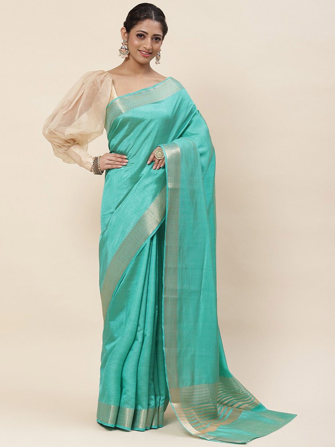 

Meena Bazaar Zari Art Silk Art Silk Saree, Green