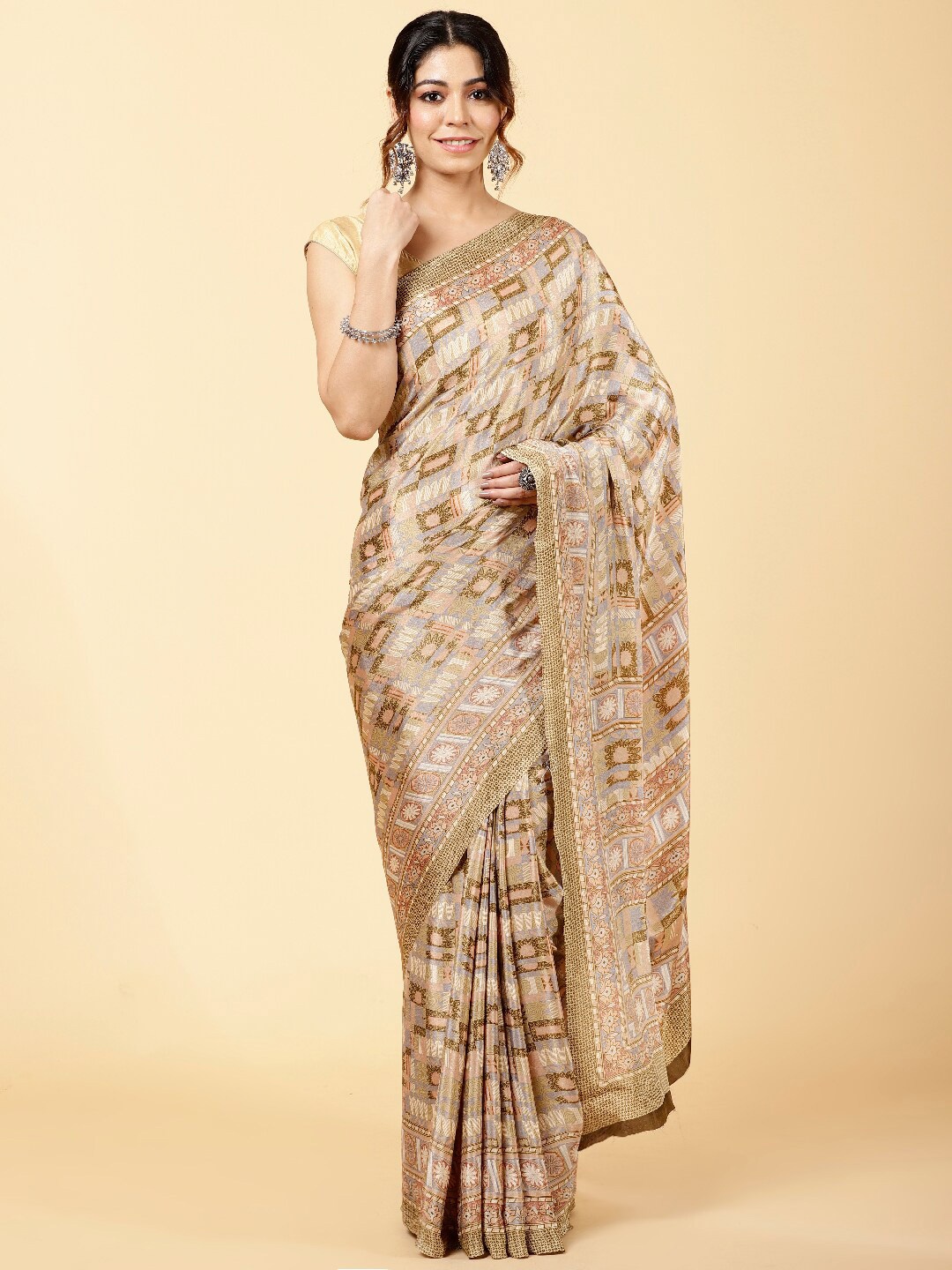 

Meena Bazaar Ethnic Motifs Printed Saree, Beige