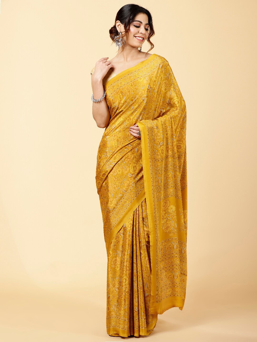 

Meena Bazaar Floral Printed Saree, Mustard