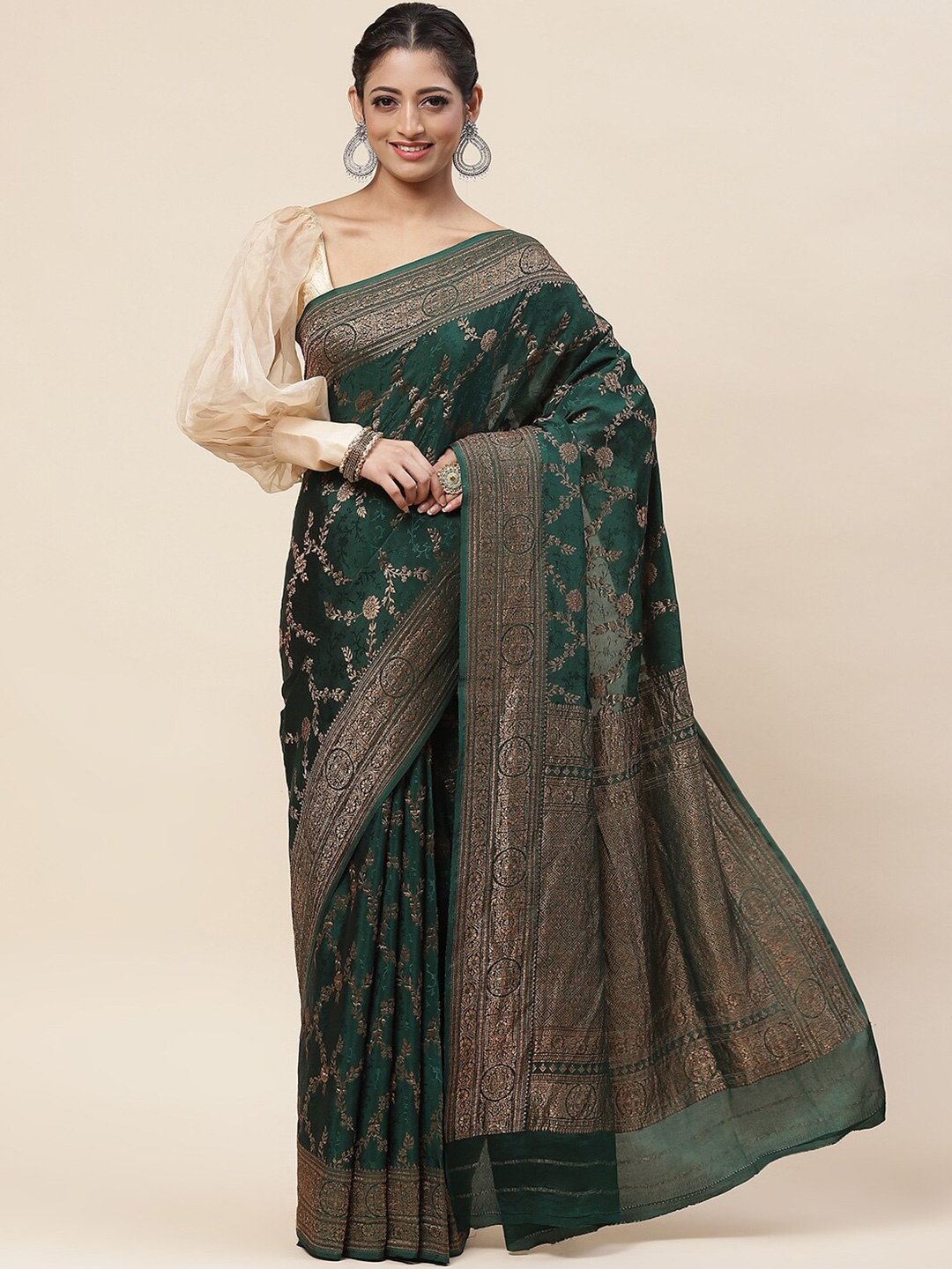 

Meena Bazaar Floral Woven Design Zari Saree, Green