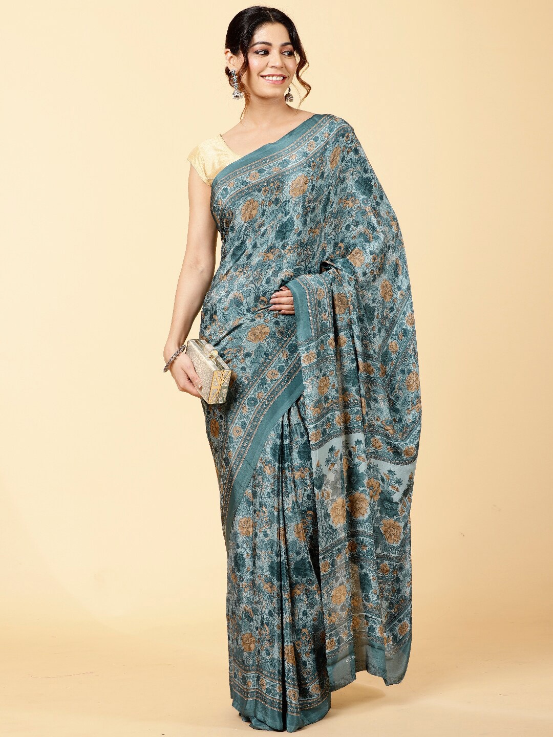 

Meena Bazaar Floral Printed Poly Crepe Saree, Blue