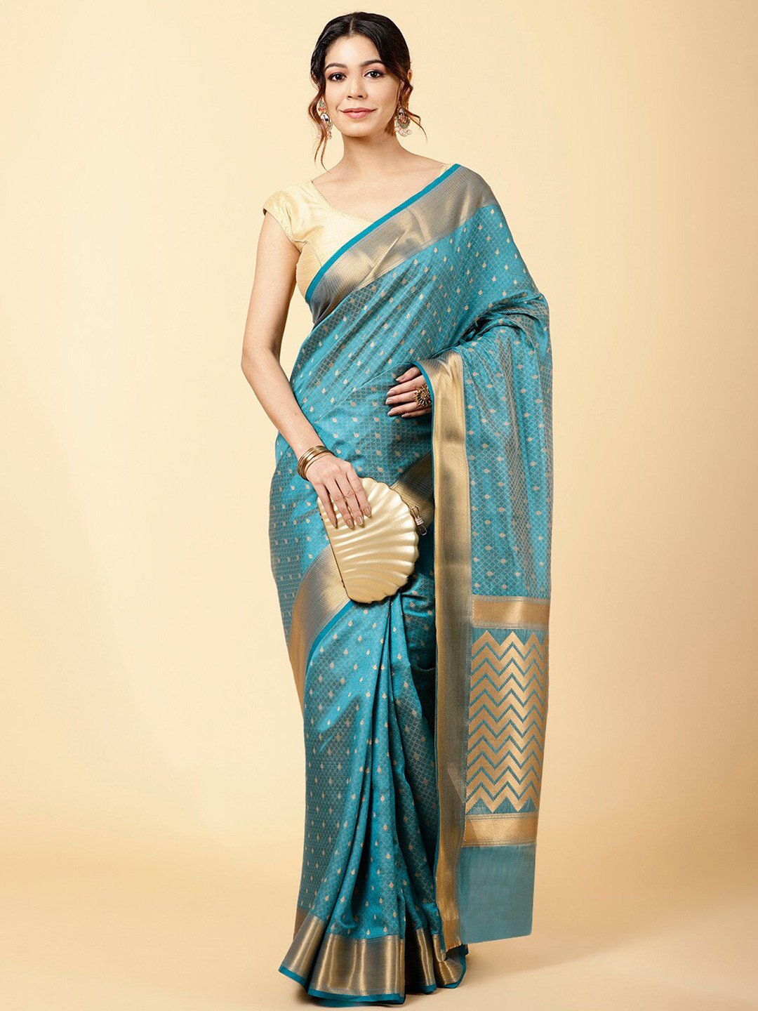 

Meena Bazaar Ethnic Motifs Woven Design Art Silk Zari Saree, Blue