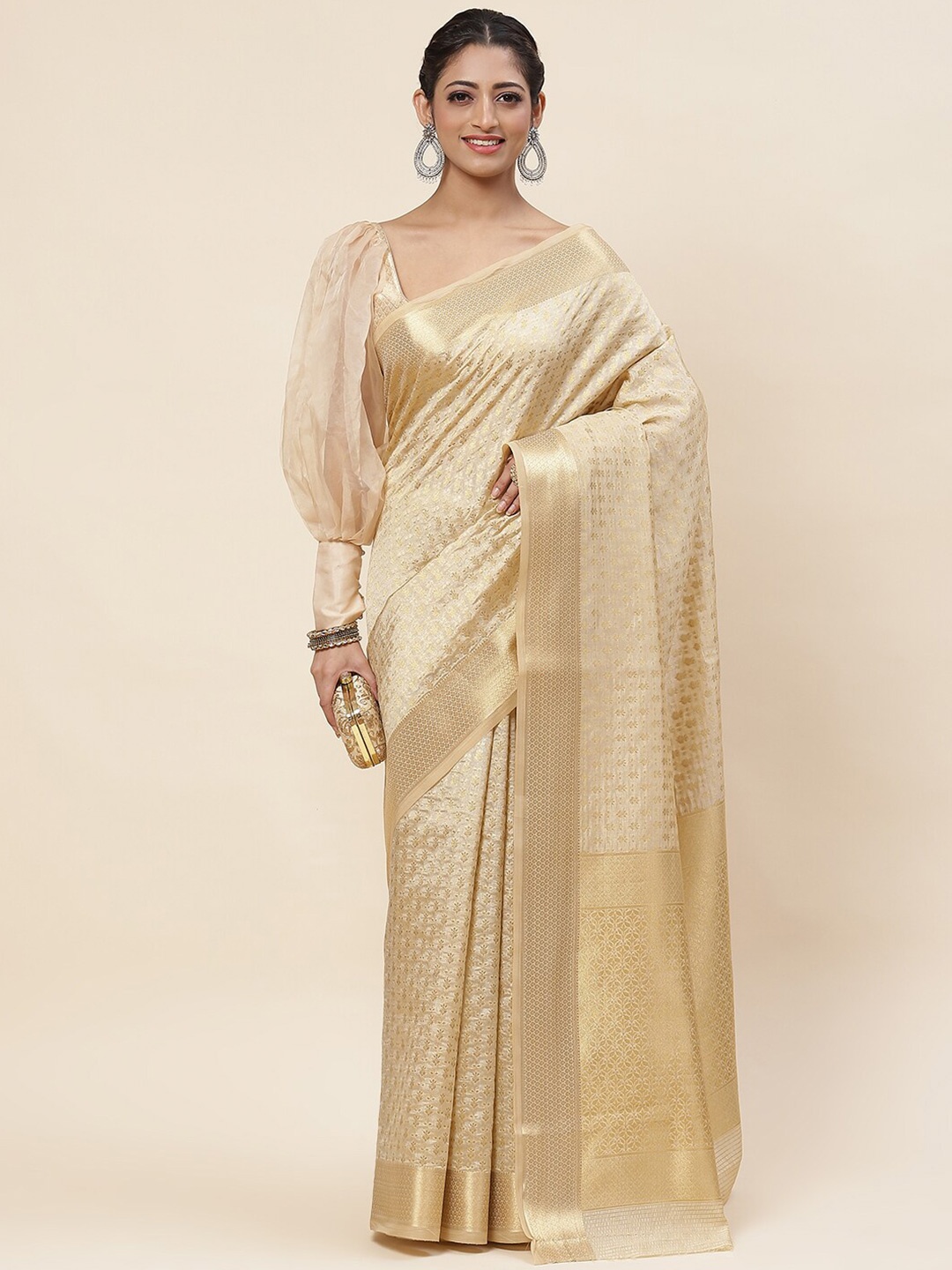 

Meena Bazaar Woven Design Zari Saree With Blouse Piece, Cream