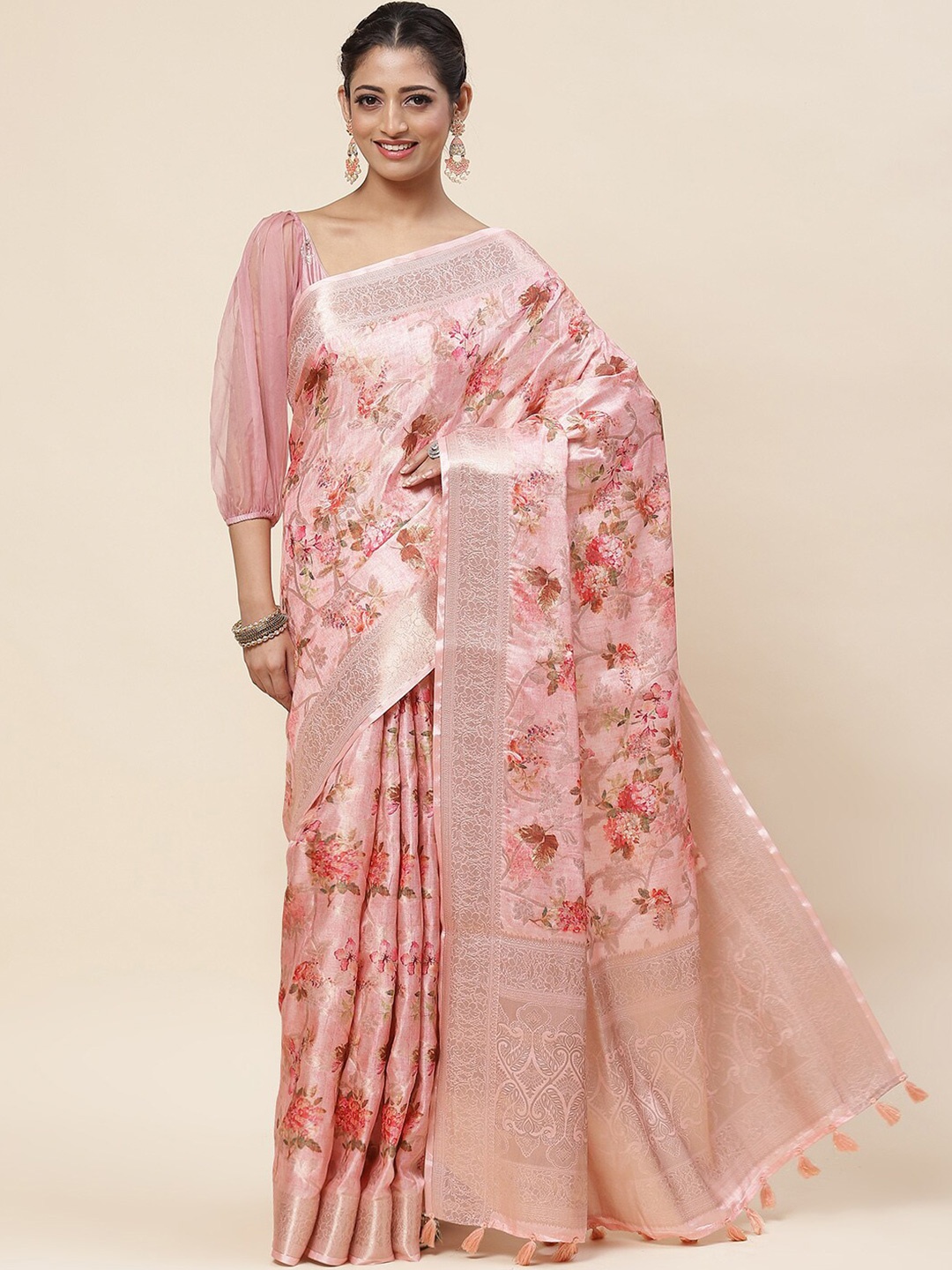 

Meena Bazaar Floral Printed Zari Art Silk Saree, Pink