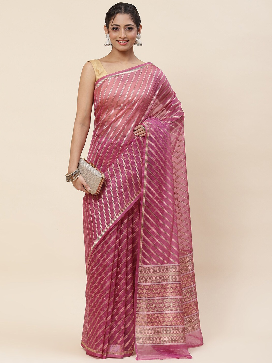 

Meena Bazaar Woven Designed Zari Organza Saree, Pink