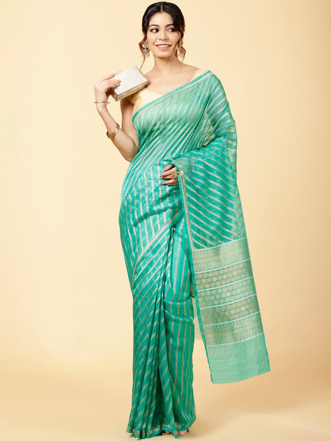 

Meena Bazaar Woven Design Zari Organza Saree, Blue