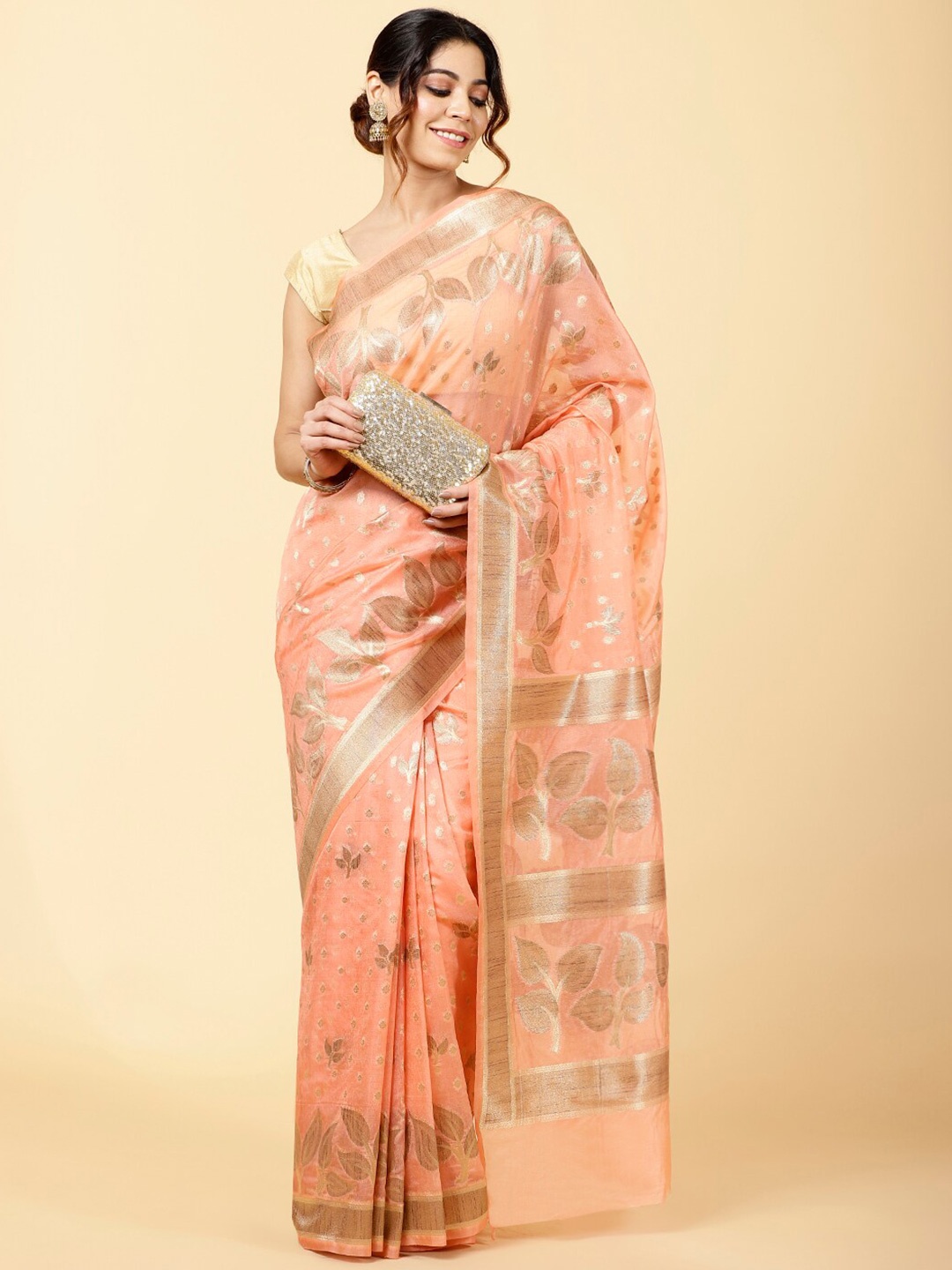 

Meena Bazaar Floral Woven Design Zari Organza Saree, Peach