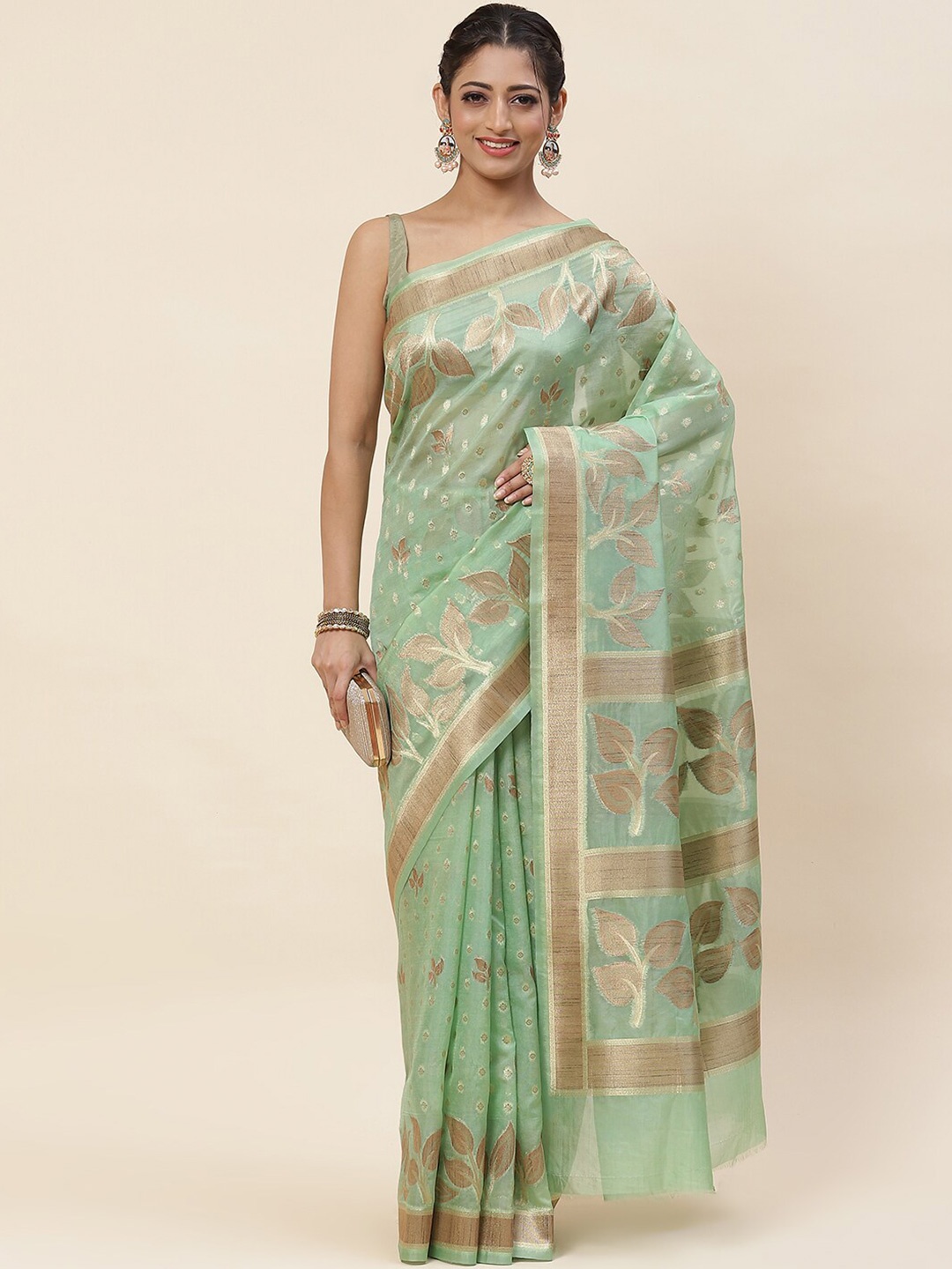 

Meena Bazaar Floral Woven Design Zari Organza Saree, Green