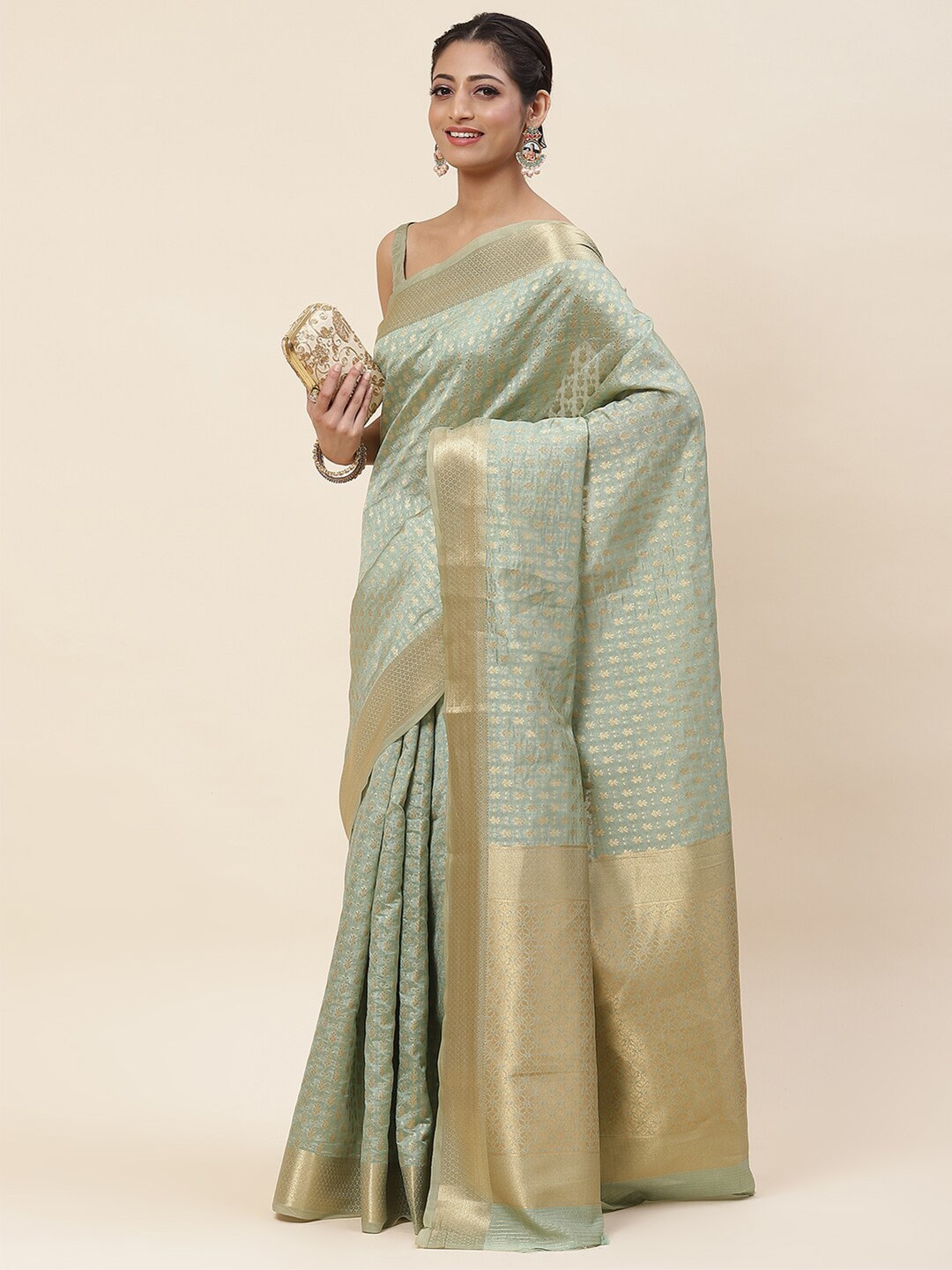 

Meena Bazaar Floral Woven Design Zari Art Silk Saree, Sea green