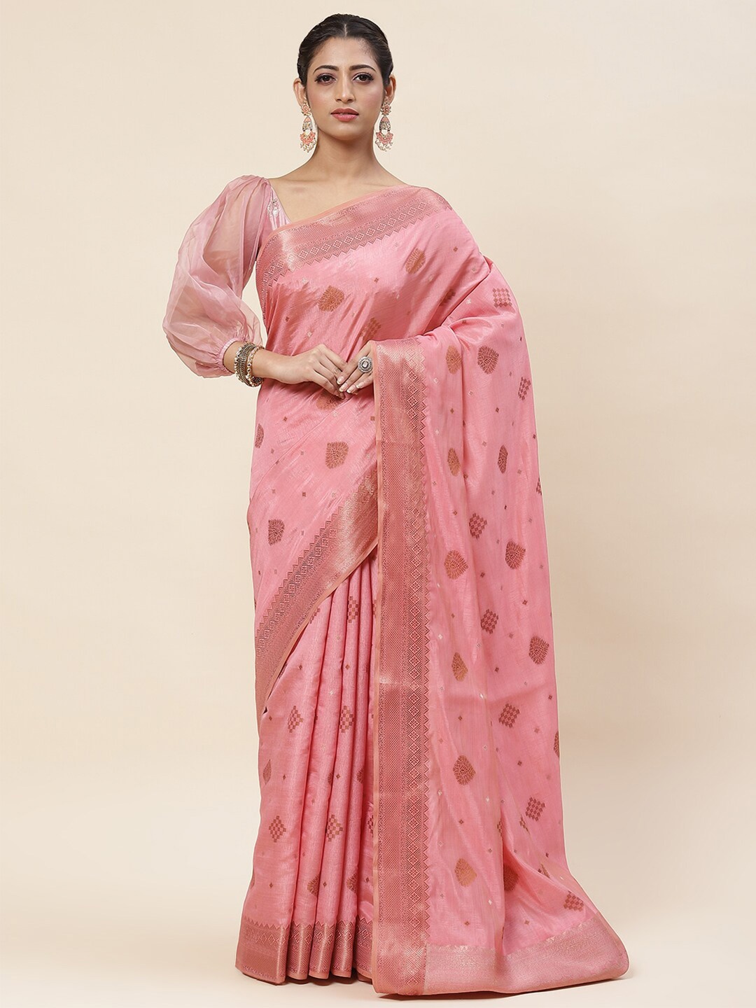 

Meena Bazaar Woven Design Zari Saree With Blouse Piece, Pink