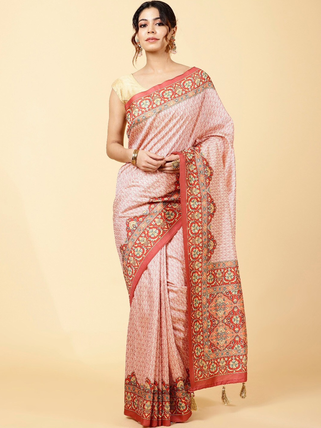 

Meena Bazaar Floral Printed Silk Saree, Peach