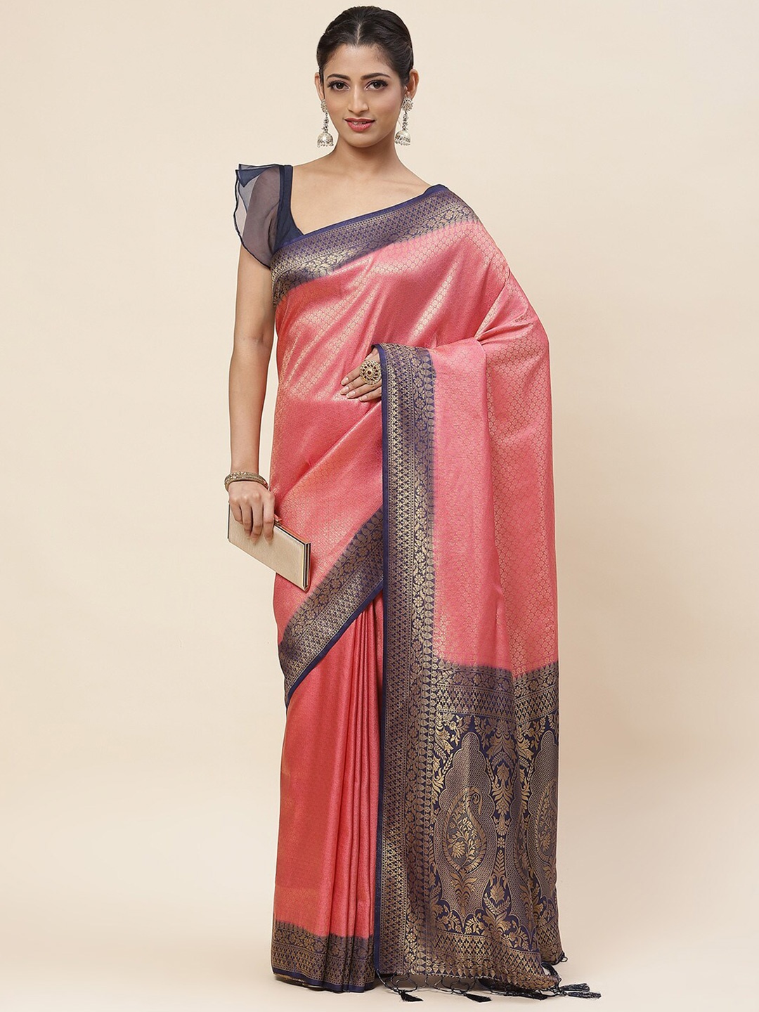 

Meena Bazaar Ethnic Motifs Woven Design Art Silk Zari Saree, Peach