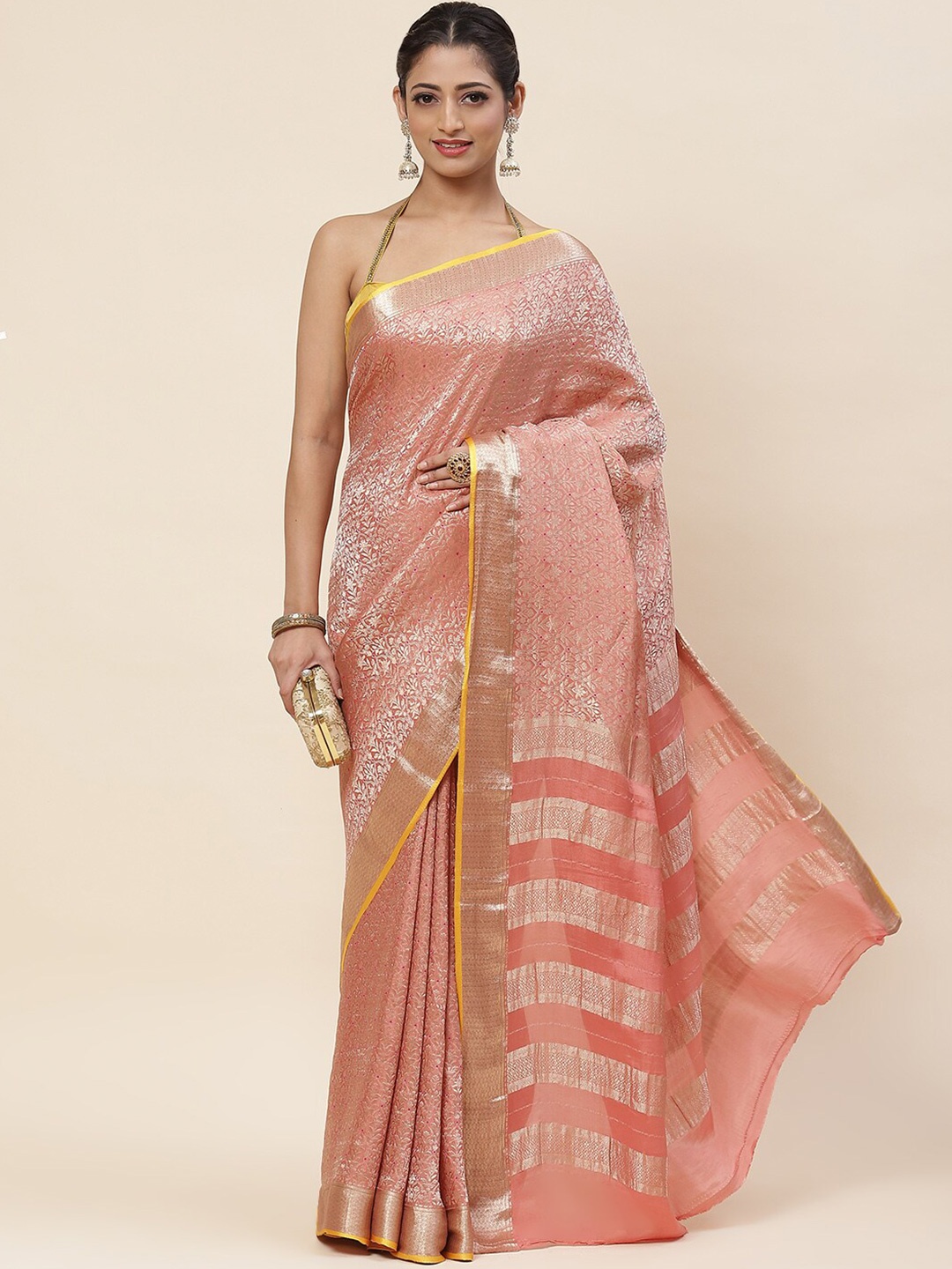 

Meena Bazaar Woven Designed Zari Saree, Peach
