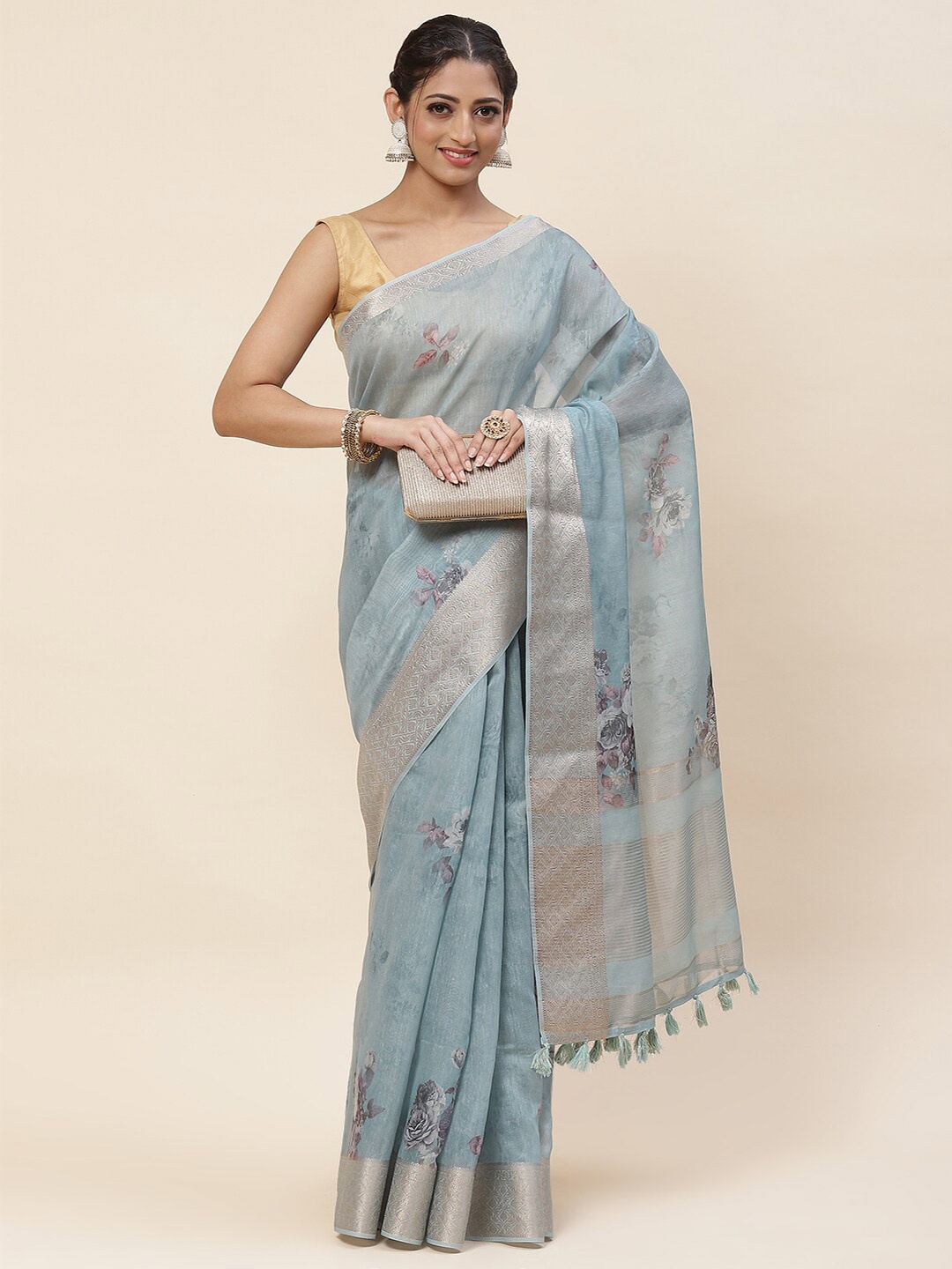 

Meena Bazaar Floral Printed Zari Saree, Blue