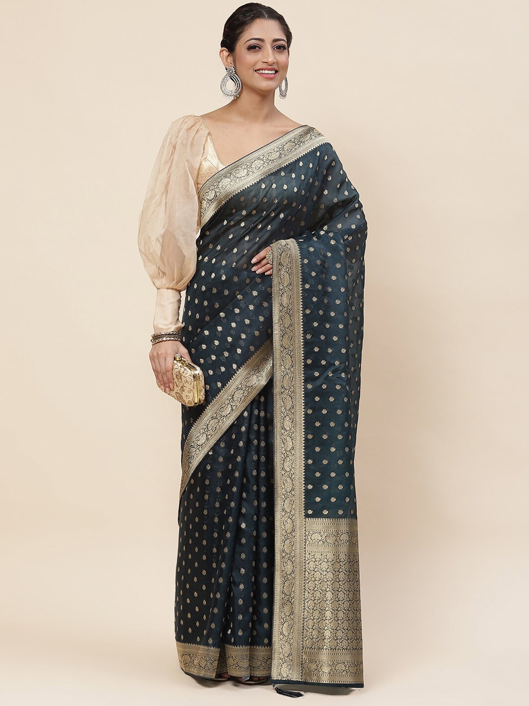 

Meena Bazaar Ethnic Motifs Woven Design Zari Organza Saree, Blue