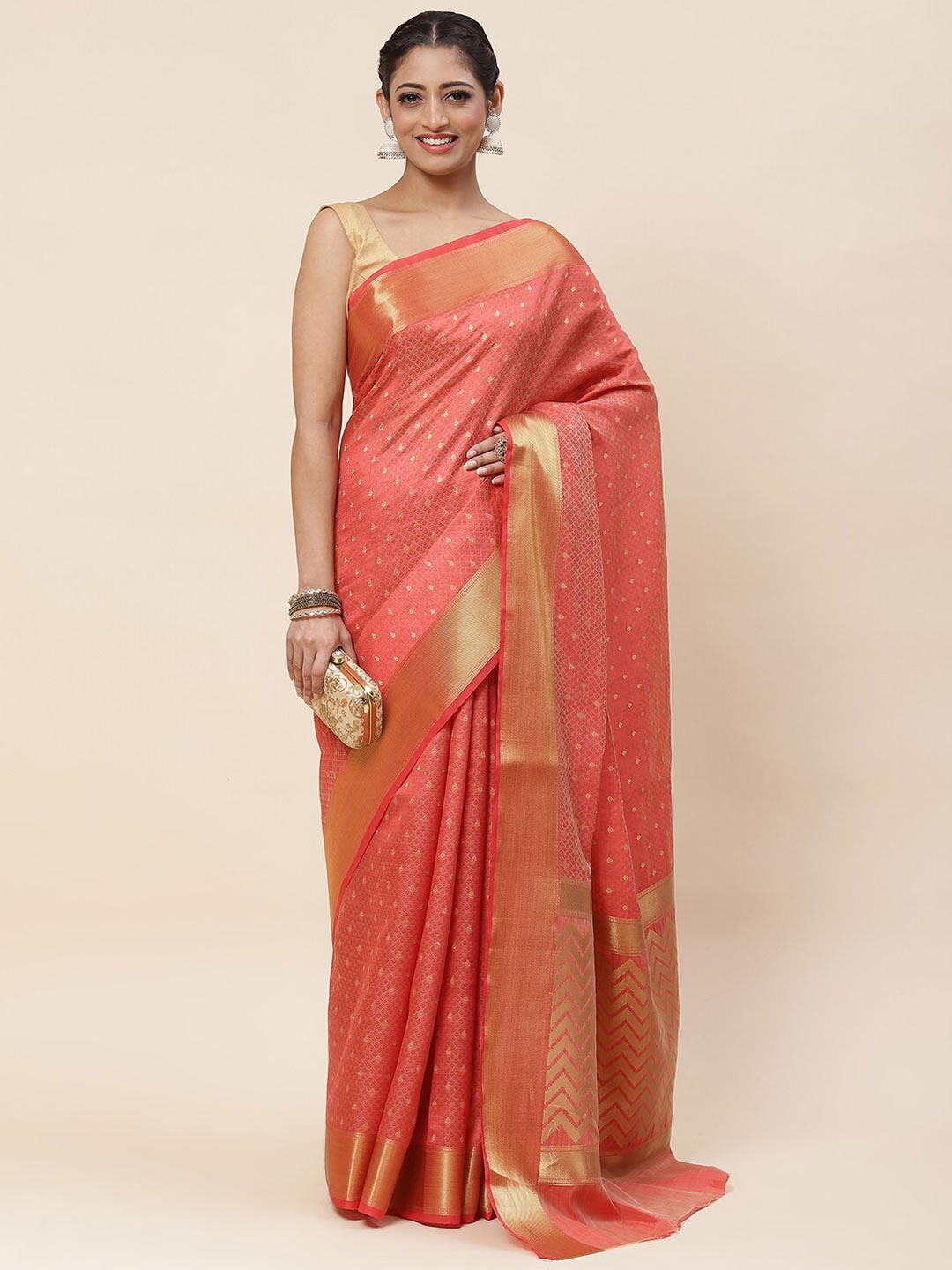 

Meena Bazaar Ethnic Motifs Woven Design Zari Silk Saree, Peach