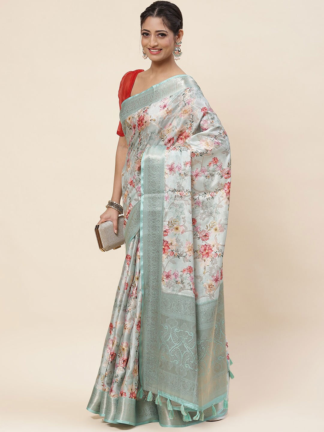 

Meena Bazaar Floral Printed Zari Art Silk Saree, Sea green