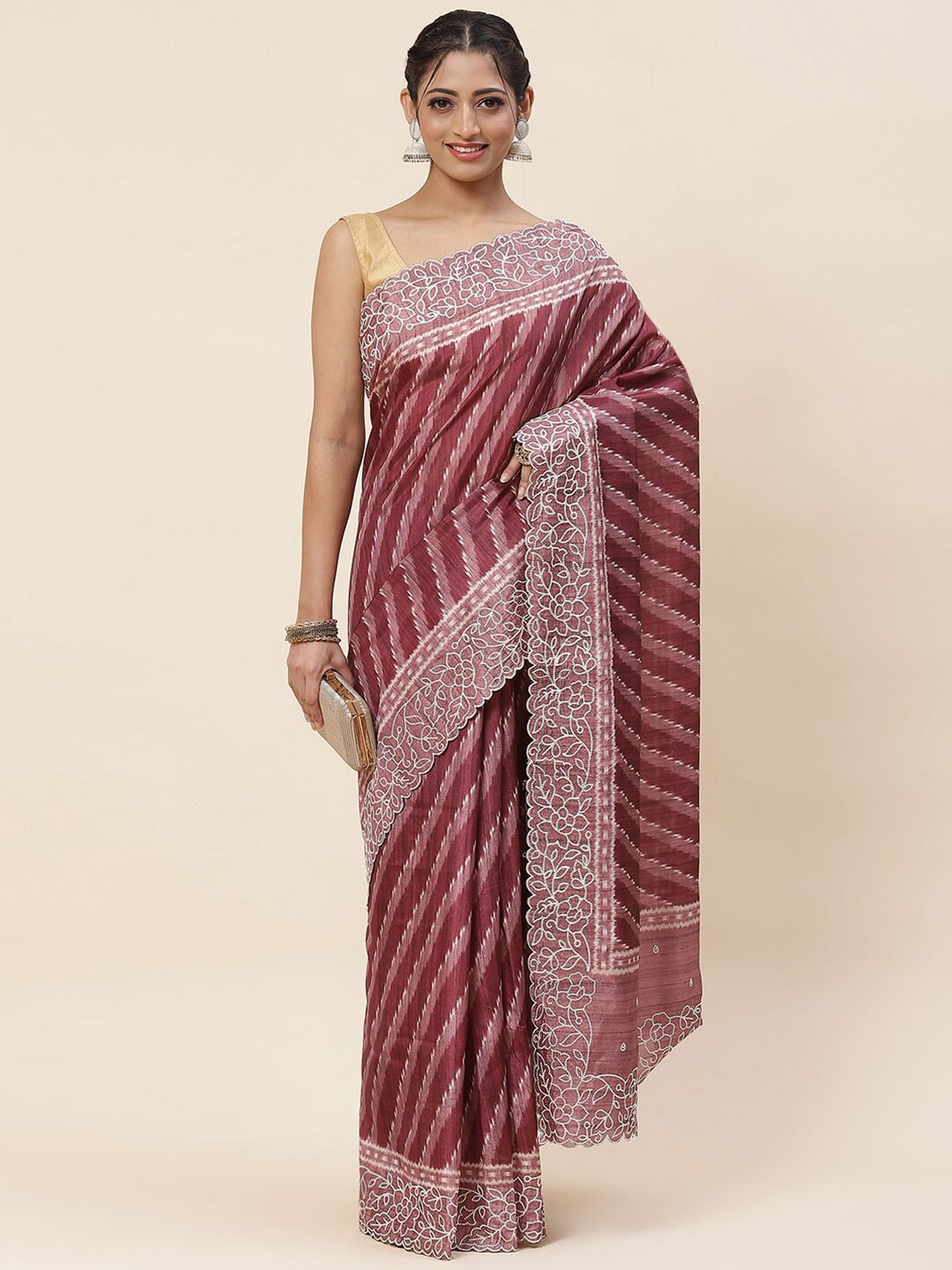 

Meena BazaarStriped Embroidered Silk Tussar Saree, Burgundy
