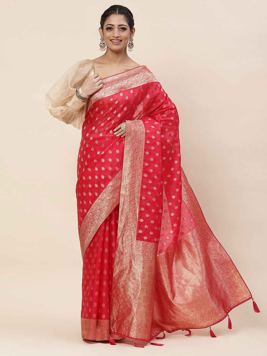 

Meena Bazaar Ethnic Motifs Woven Design Organza Zari Saree, Pink