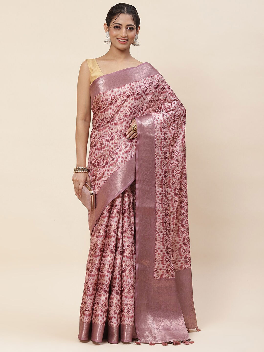 

Meena Bazaar Paisley Printed Woven Design Zari Saree, Pink