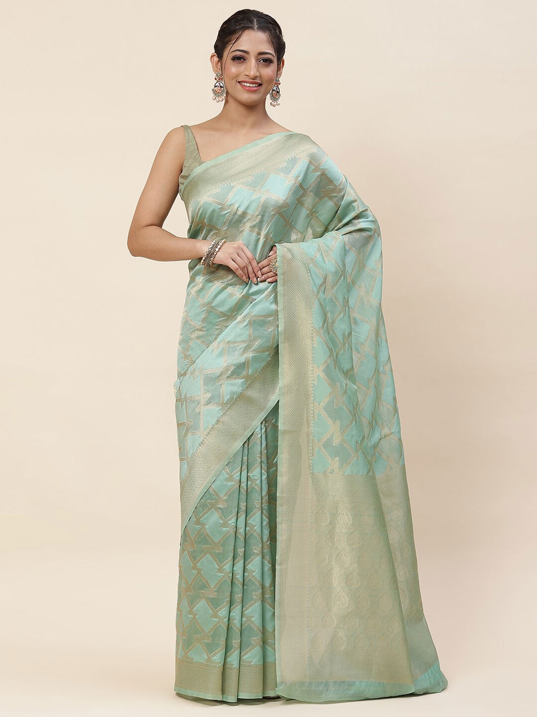 

Meena Bazaar Geometric Woven Design Zari Organza Saree, Green