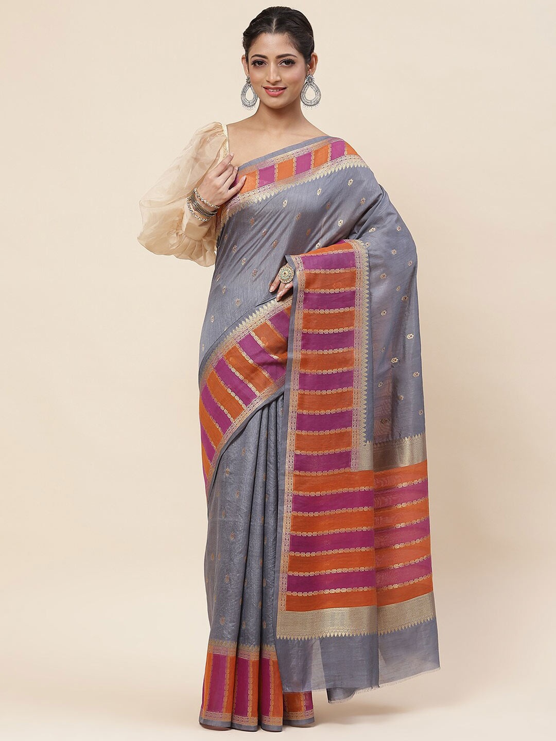 

Meena Bazaar Ethnic Motifs Woven Design Zari Art Silk Saree, Grey