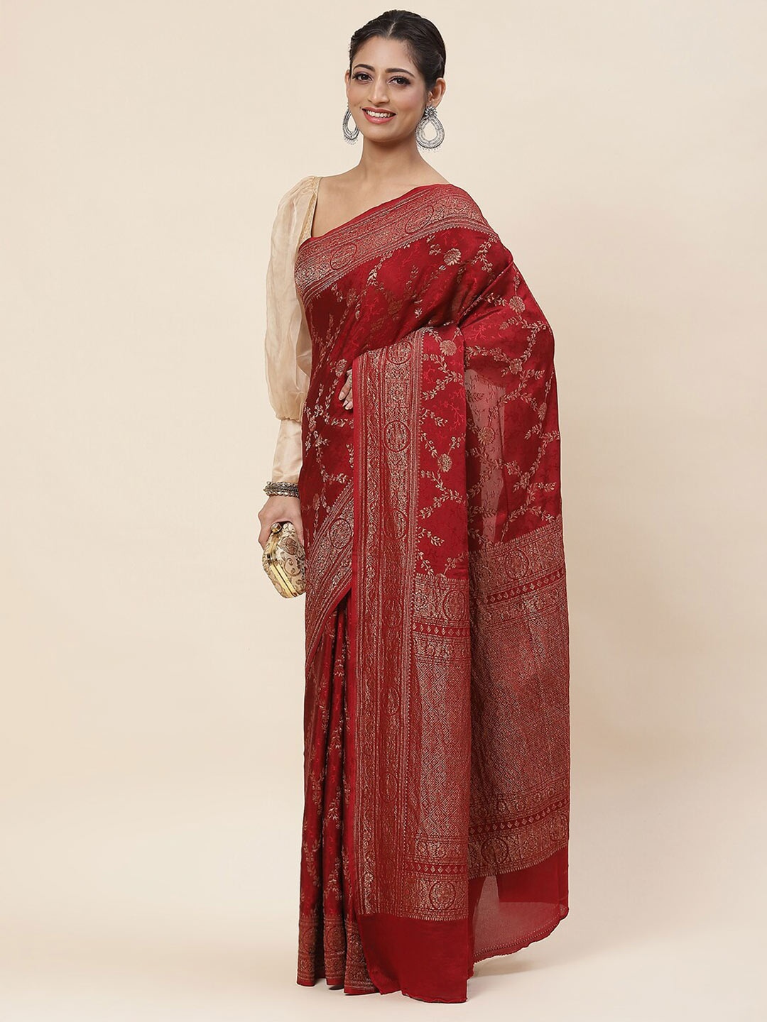 

Meena Bazaar Ethnic Motifs Woven Design Zari Saree, Maroon