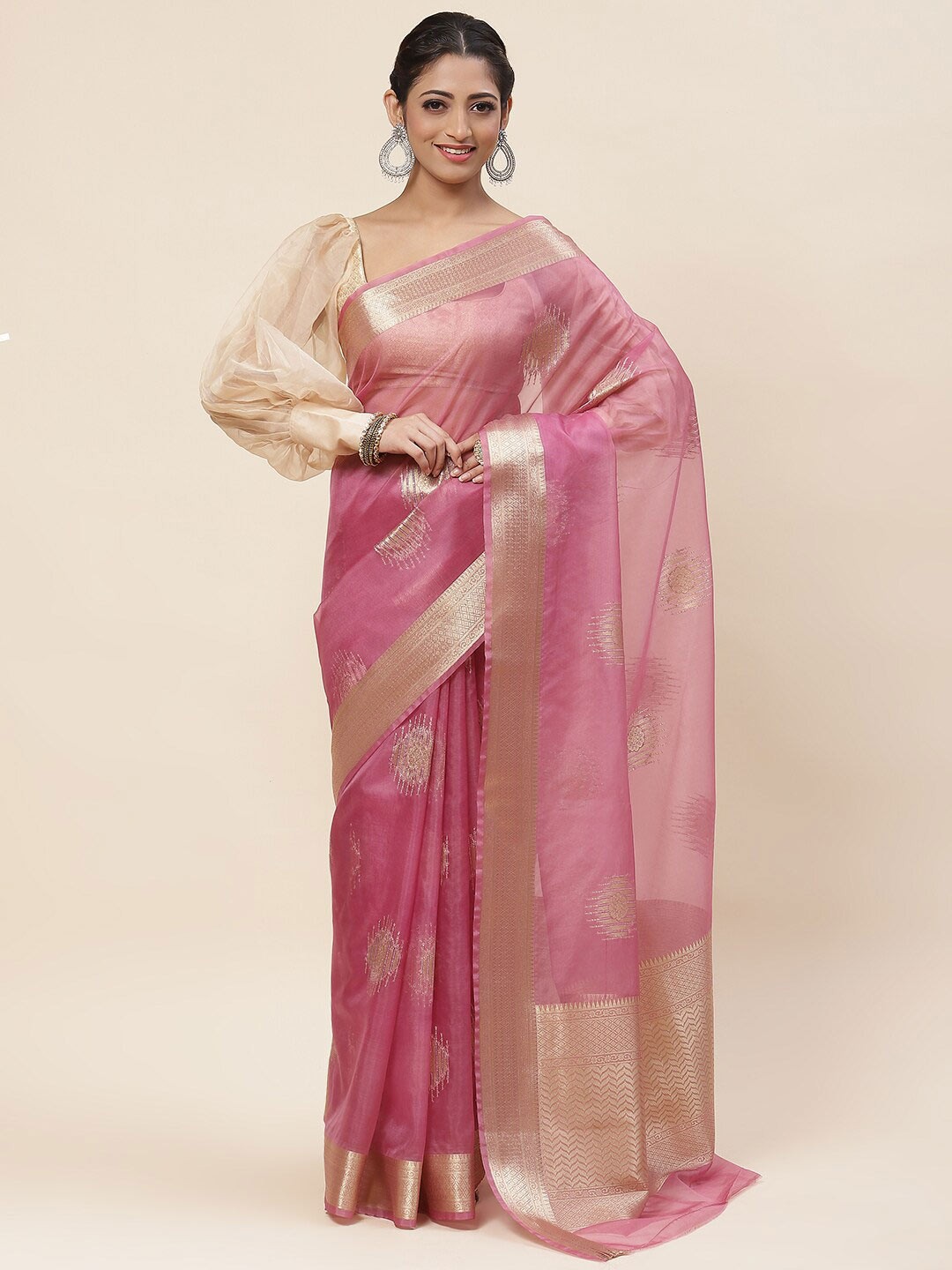 

Meena Bazaar Woven Design Zari Organza Saree With Blouse Piece, Pink