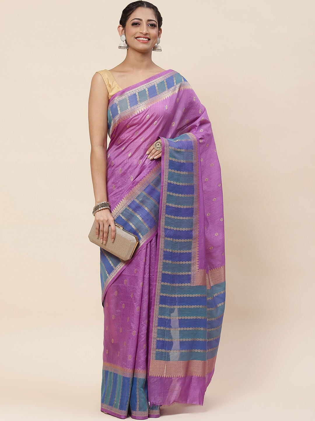 

Meena Bazaar Ethnic Motifs Woven Design Zari Silk Saree, Purple