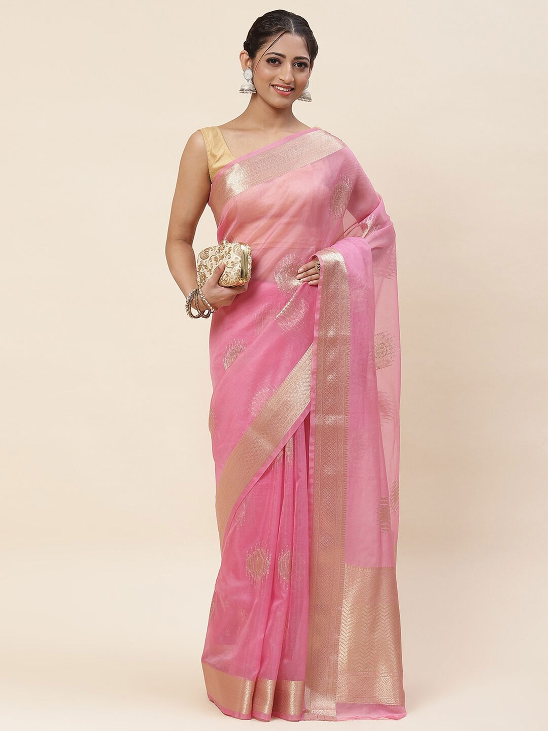 

Meena Bazaar Woven Design Zari Organza Saree With Blouse Piece, Pink