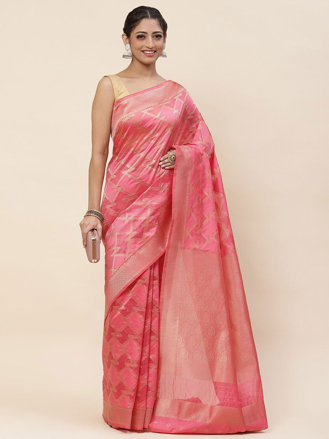 

Meena Bazaar Geometric Woven Design Zari Organza Saree, Peach