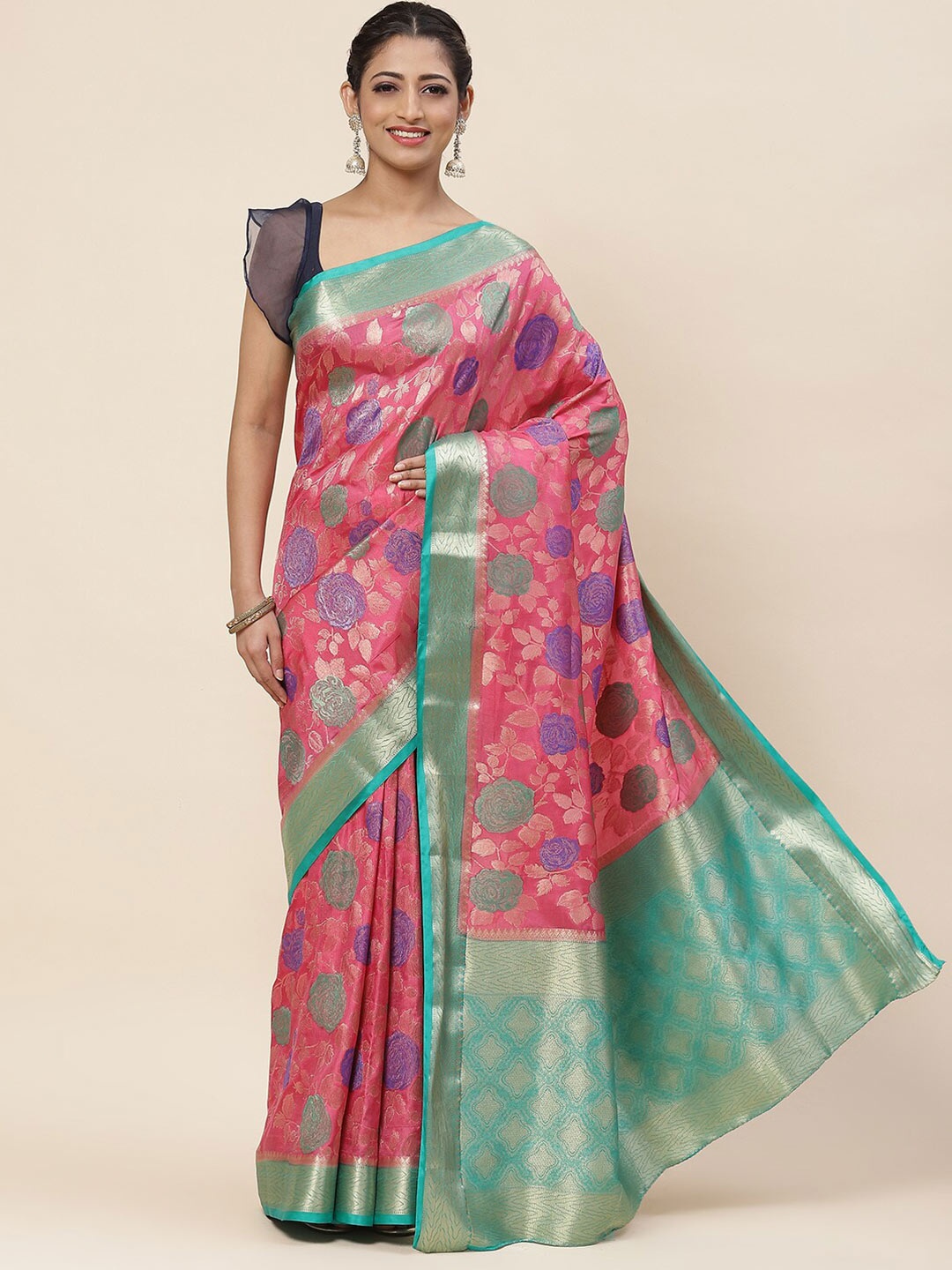 

Meena Bazaar Floral Woven Design Zari Silk Saree, Peach