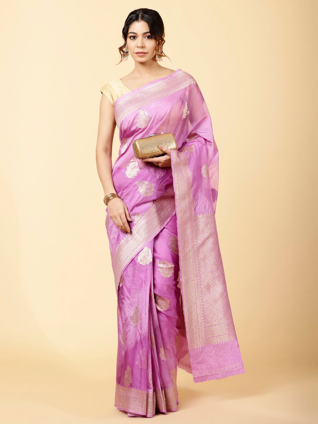 

Meena Bazaar Ethnic Motifs Woven Design Zari Organza Saree, Purple