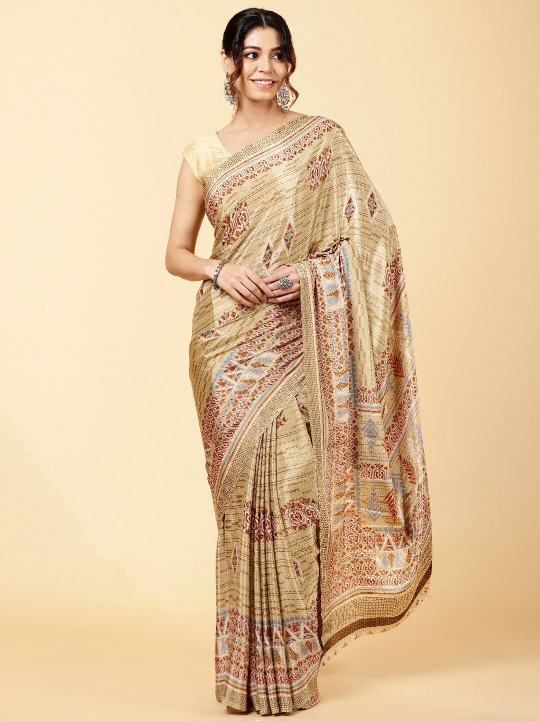

Meena Bazaar Ethnic Motifs Printed Saree With Blouse Piece, Beige