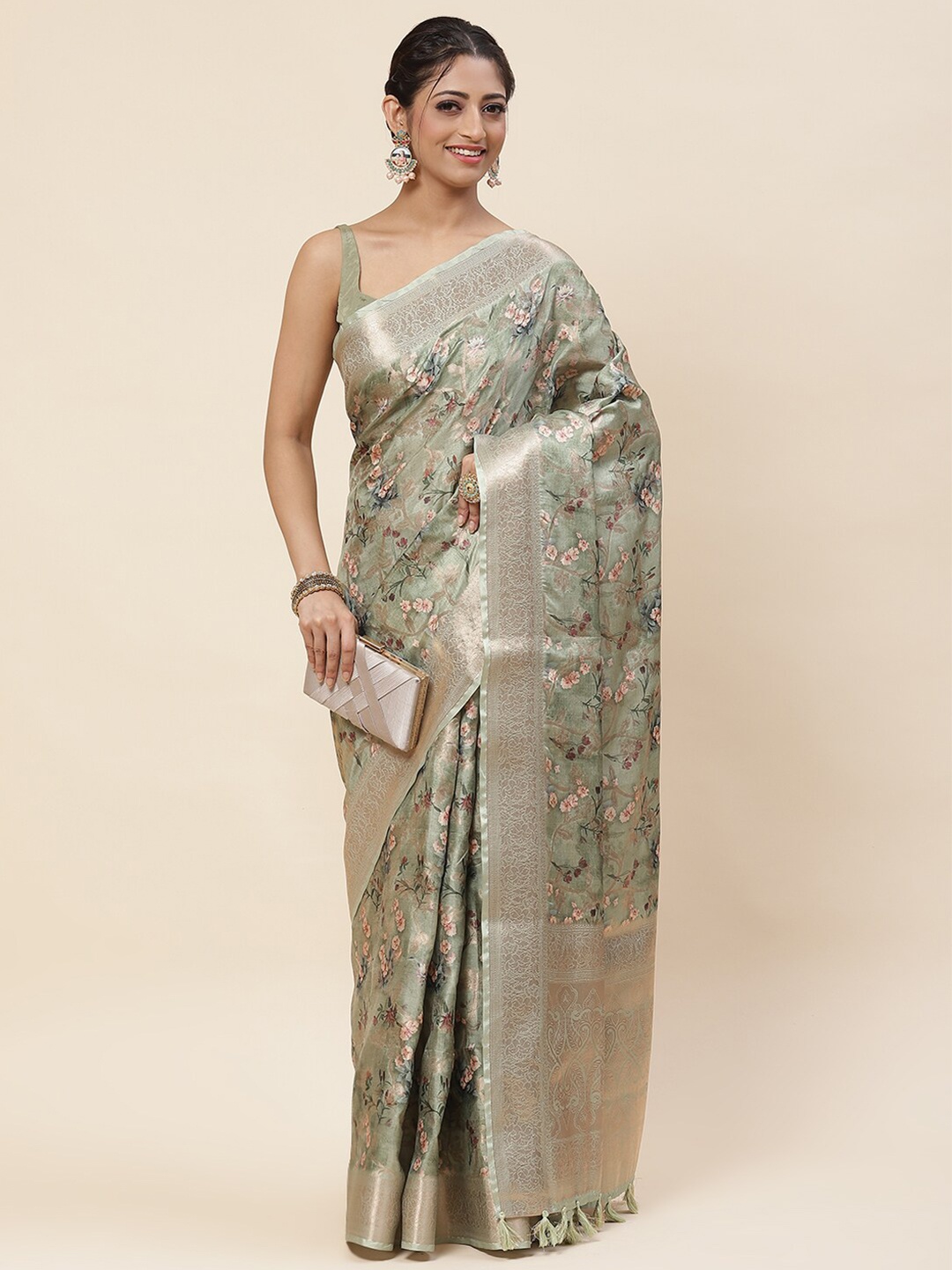 

Meena Bazaar Floral Printed Woven Design Zari Saree, Green