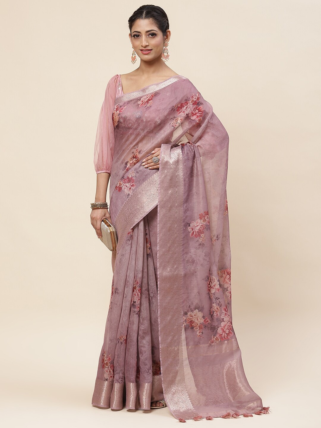 

Meena Bazaar Floral Printed Zari Art Silk Saree, Pink