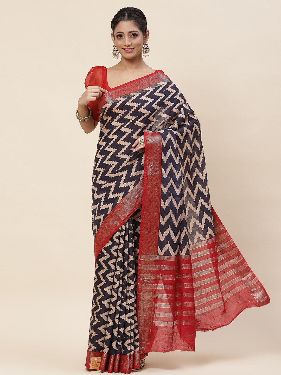 

Meena Bazaar Striped Zari Cotton Blend Saree, Black