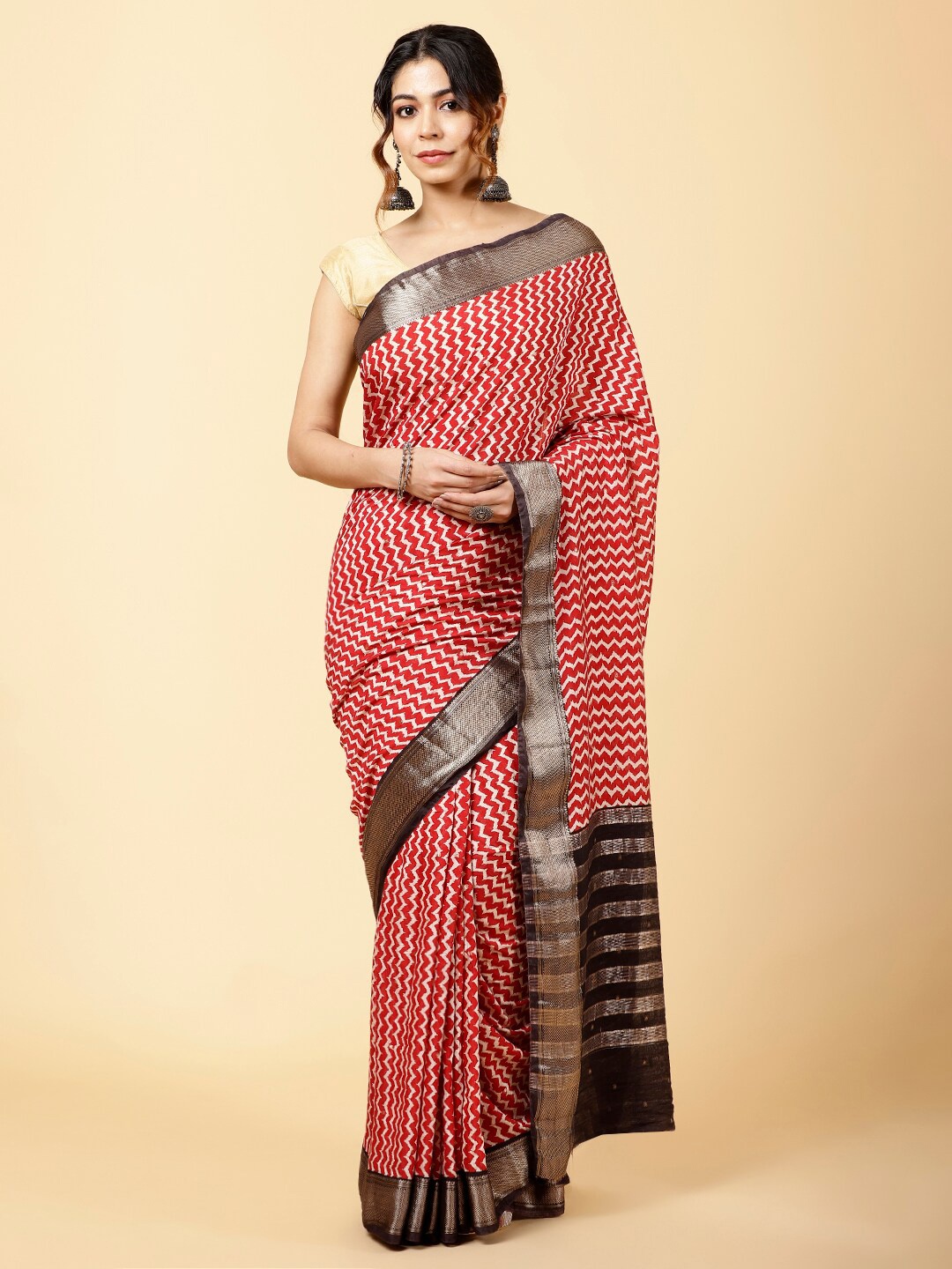 

Meena Bazaar Chevron Woven Design Zari Saree, Red