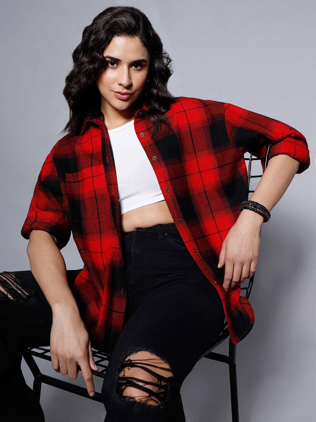 

High Star Classic Checked Spread Collar Boxy Fit Pure Cotton Casual Shirt, Red