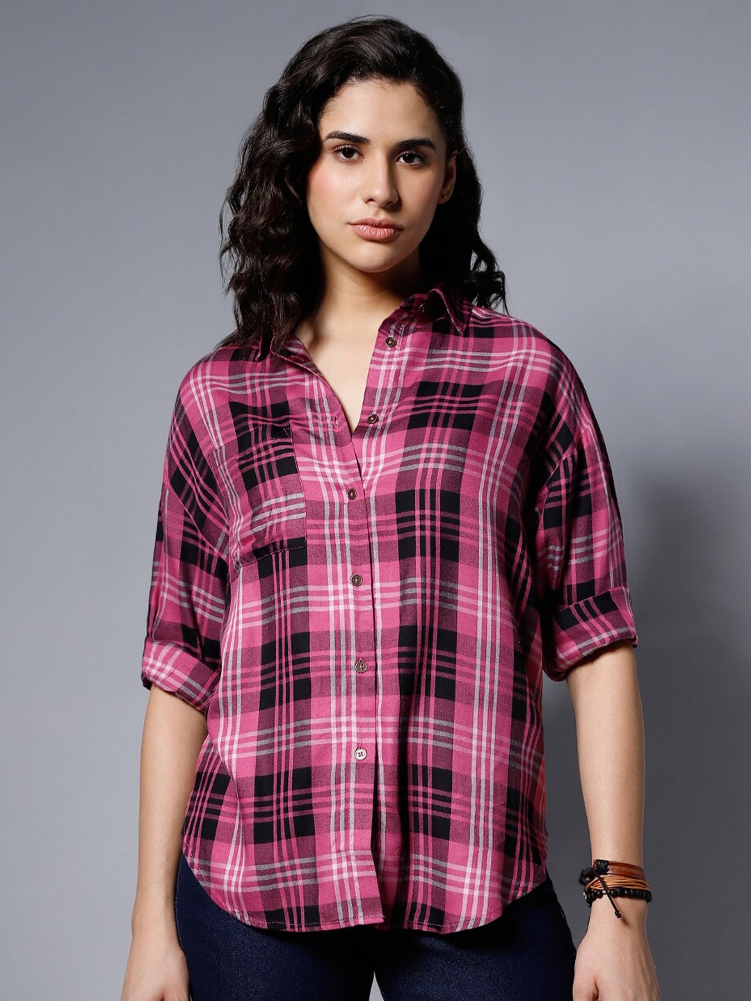 

High Star Classic Checked Spread Collar Boxy Fit Pure Cotton Casual Shirt, Pink