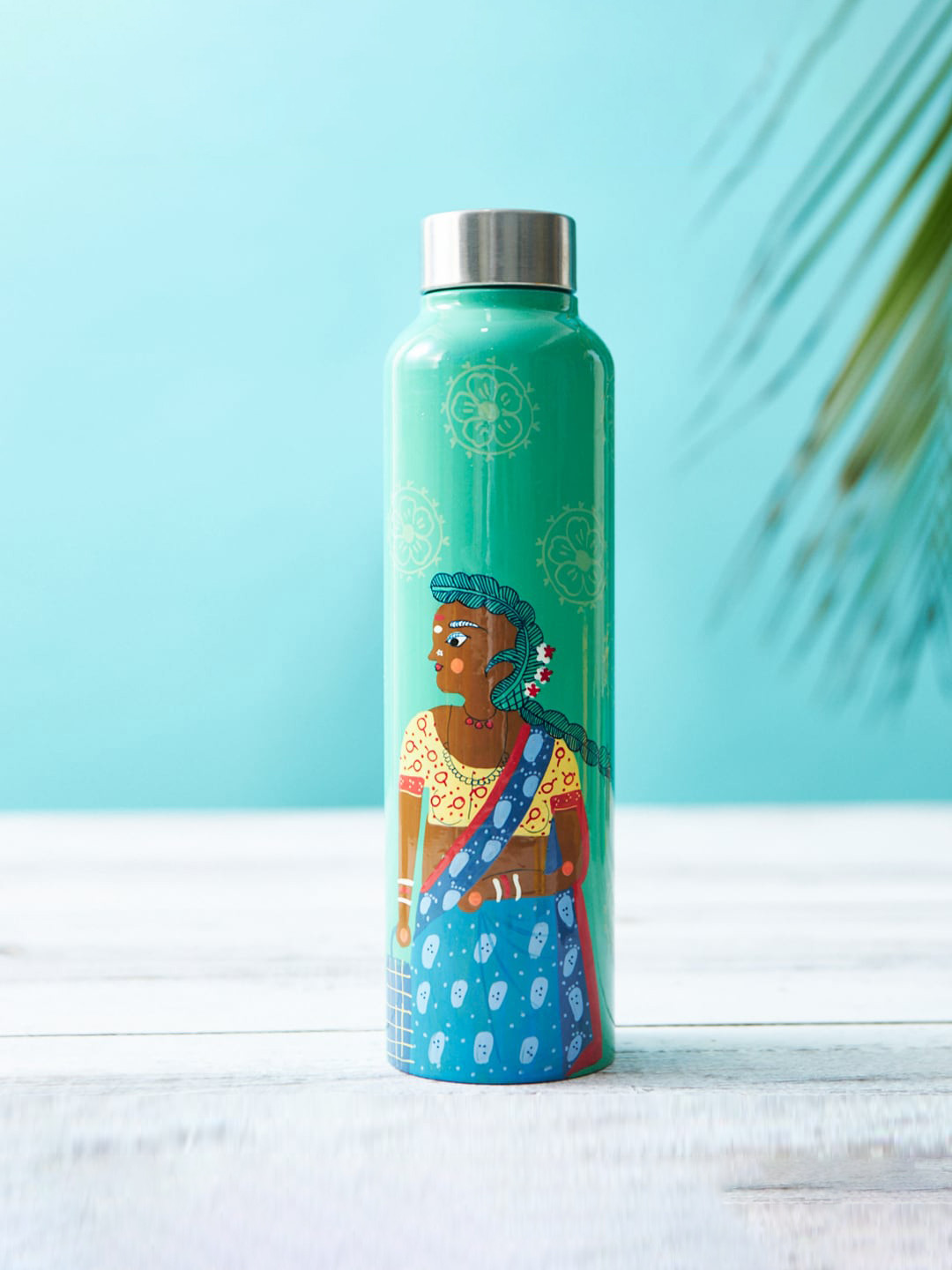 

Chumbak Madhubani Green Printed Stainless Steel Water Bottle-900 ml