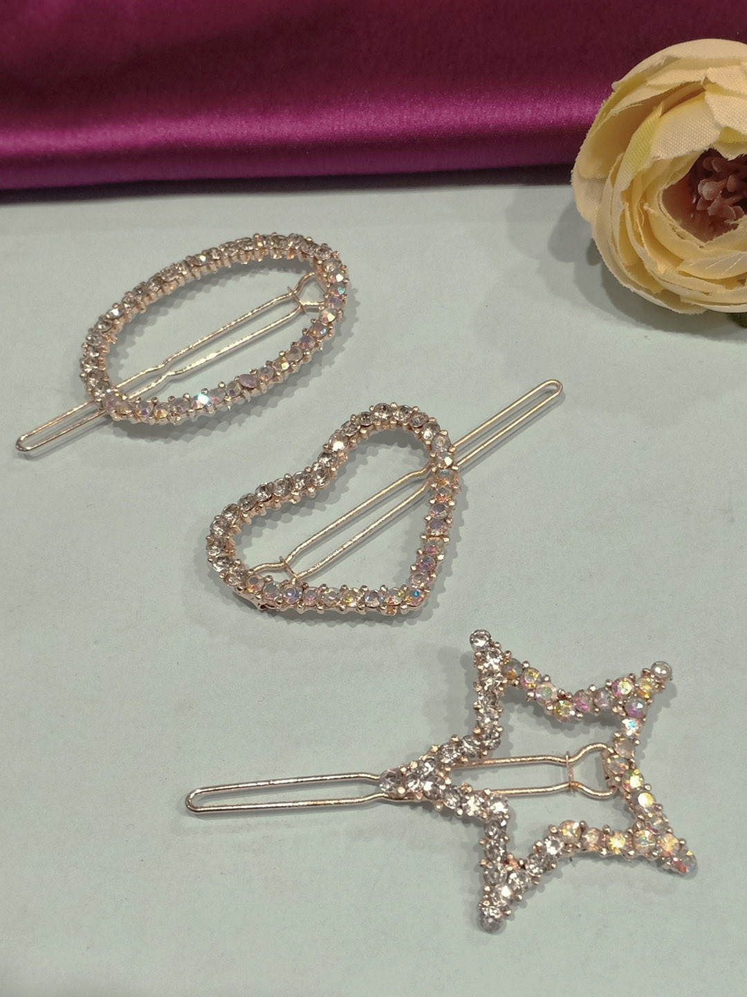 

FEMMIBELLA Set of 3 Embellished Tic Tac Hair Clips, Gold